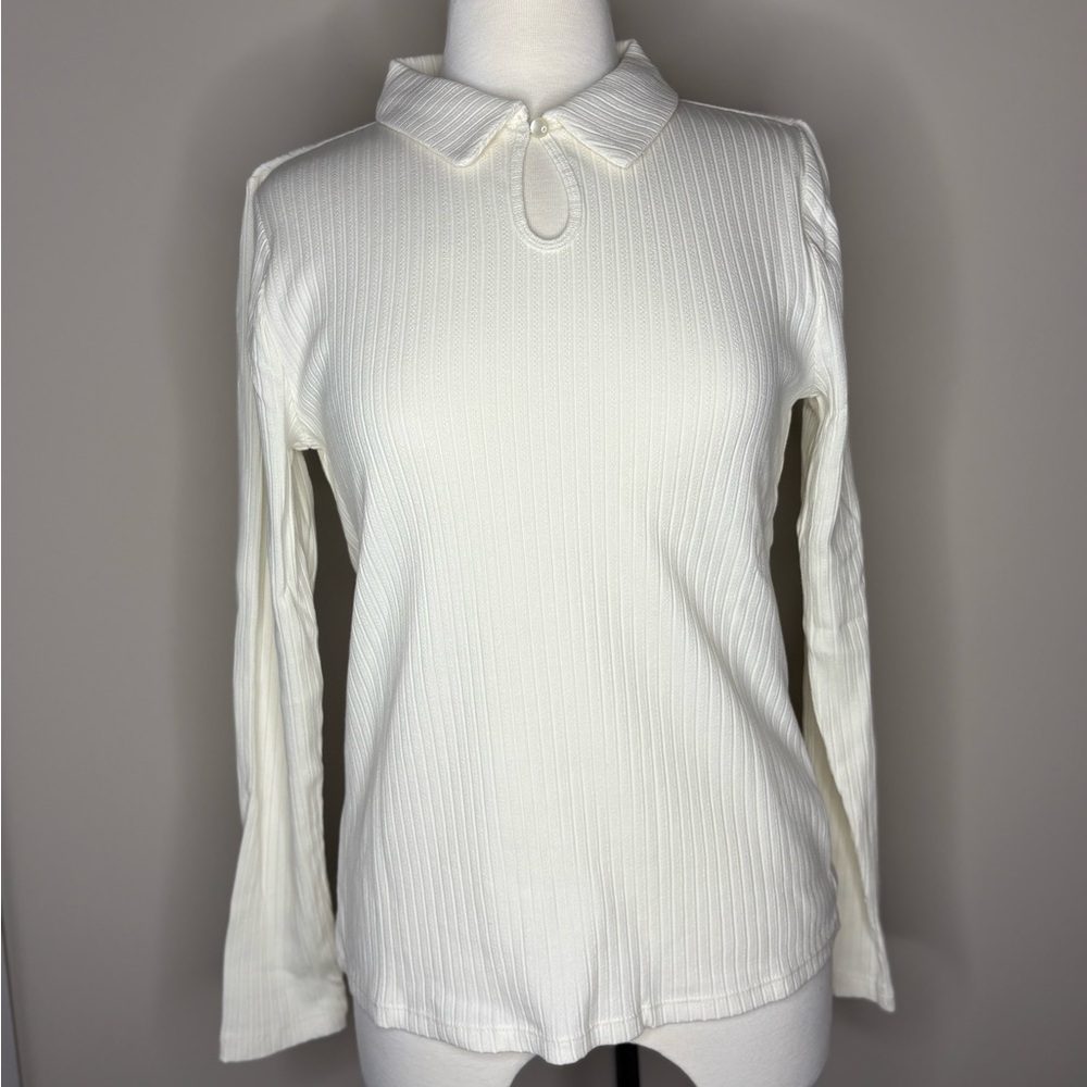Lands' End Women's Long Sleeve Pointelle Rib Keyhole Polo Top